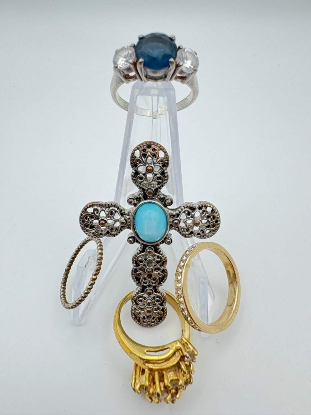 Vintage Fashion Ring Lot 5-Piece Cross Turquoise Rhinestone Cluster Band Variety